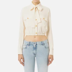 Elisabetta Franchi Shirts And Blouses|Cropped blouse in georgette fabric with foulard scarf neck Butter