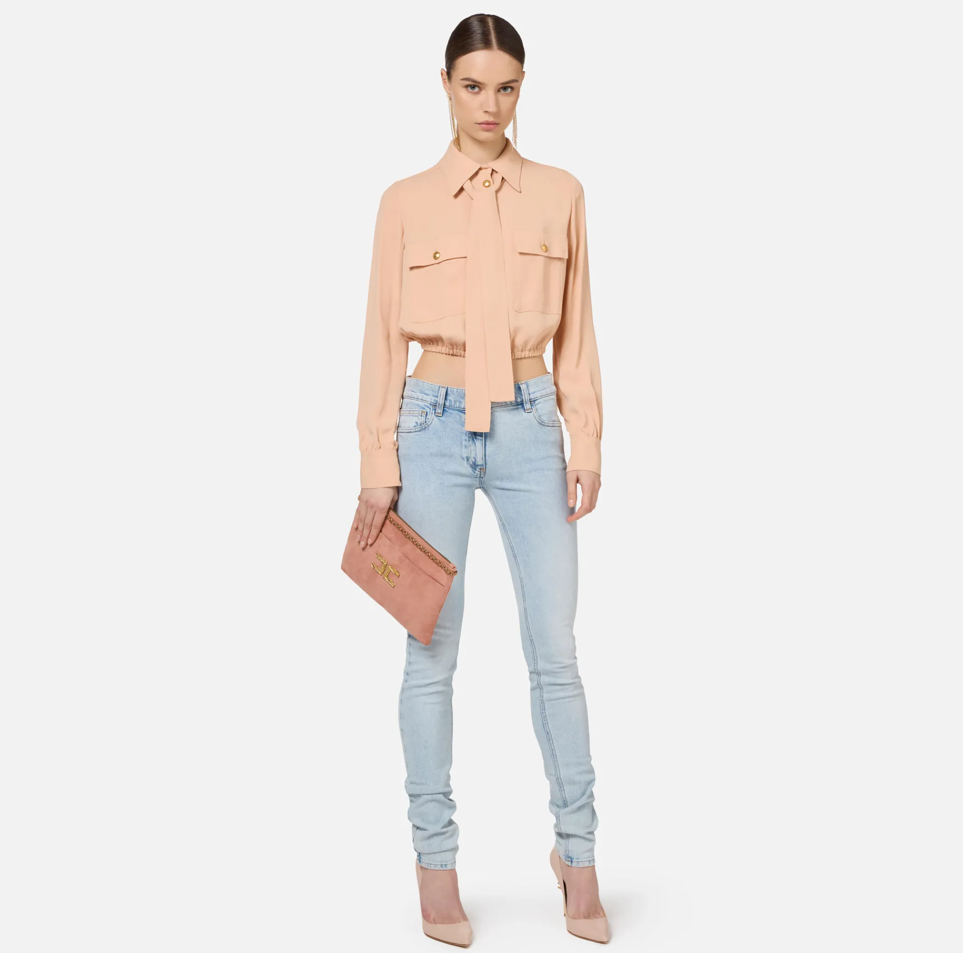Elisabetta Franchi Shirts And Blouses|Cropped blouse in georgette fabric with foulard scarf neck