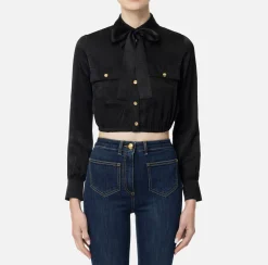 Elisabetta Franchi Shirts And Blouses|Cropped blouse in jacquard satin fabric with foulard scarf Black