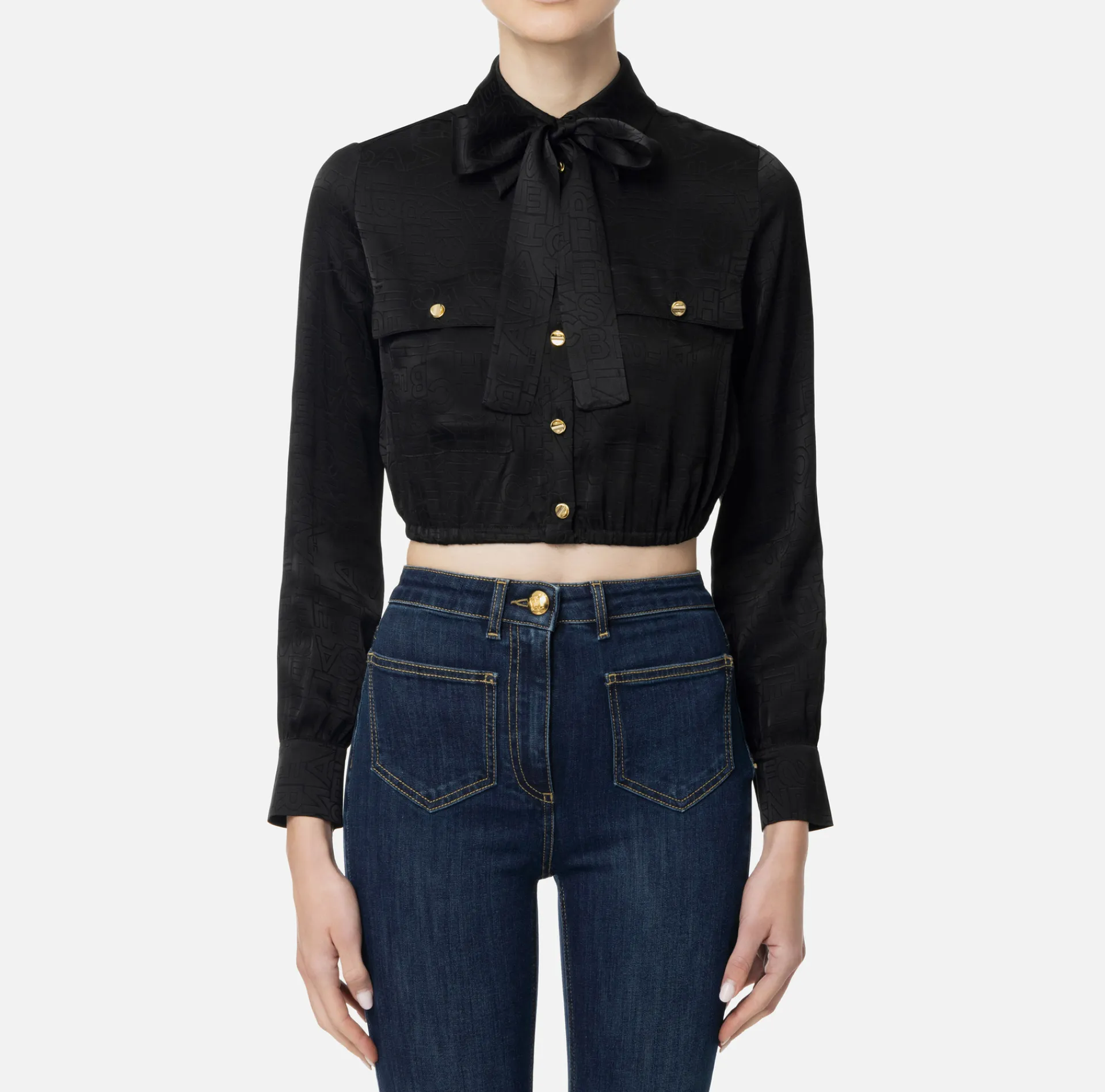 Elisabetta Franchi Shirts And Blouses|Cropped blouse in jacquard satin fabric with foulard scarf Black
