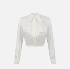 Elisabetta Franchi Shirts And Blouses|Cropped blouse in jacquard satin fabric with foulard scarf Ivory
