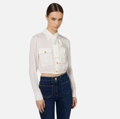 Elisabetta Franchi Shirts And Blouses|Cropped blouse in jacquard satin fabric with foulard scarf Ivory