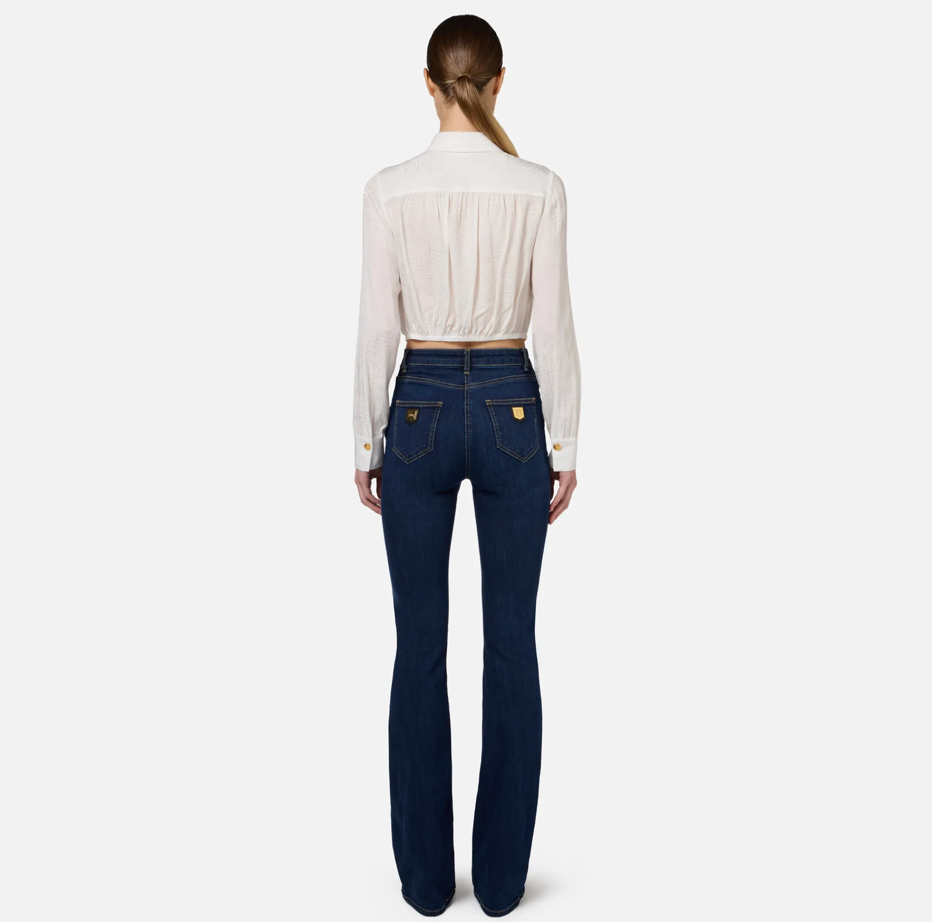 Elisabetta Franchi Shirts And Blouses|Cropped blouse in jacquard satin fabric with foulard scarf Ivory