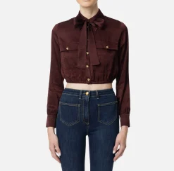 Elisabetta Franchi Shirts And Blouses|Cropped blouse in jacquard satin fabric with foulard scarf RougeNoir
