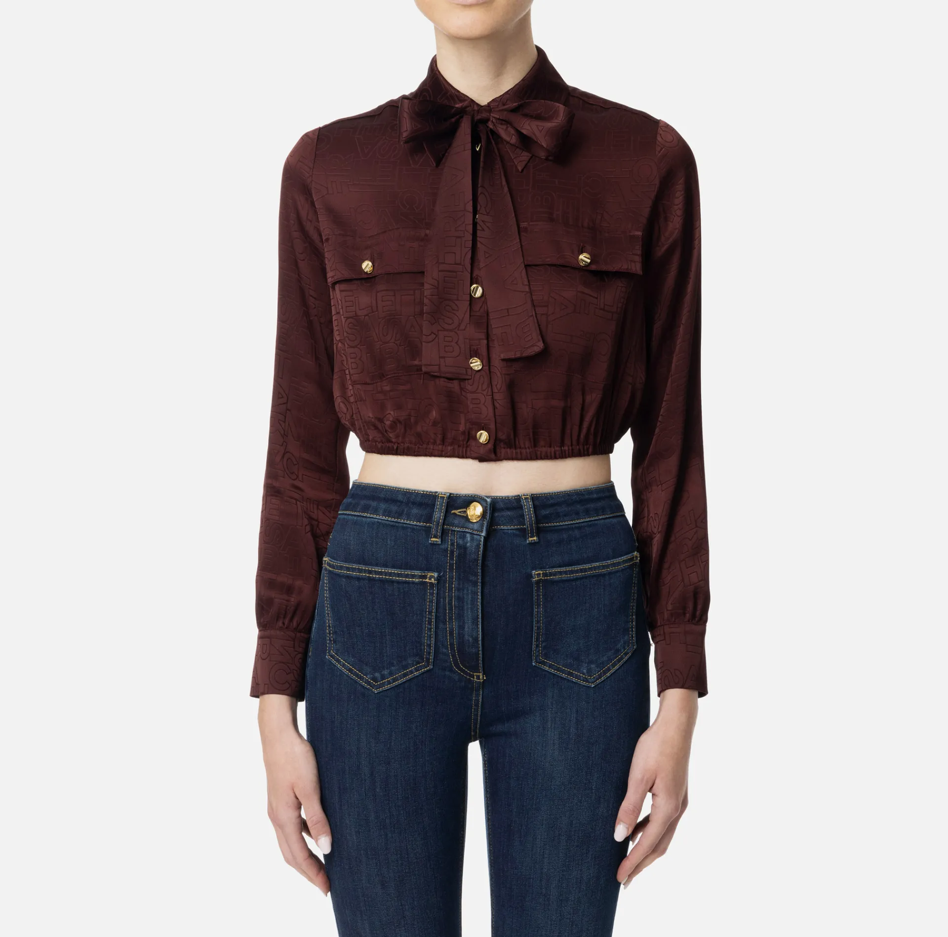 Elisabetta Franchi Shirts And Blouses|Cropped blouse in jacquard satin fabric with foulard scarf RougeNoir