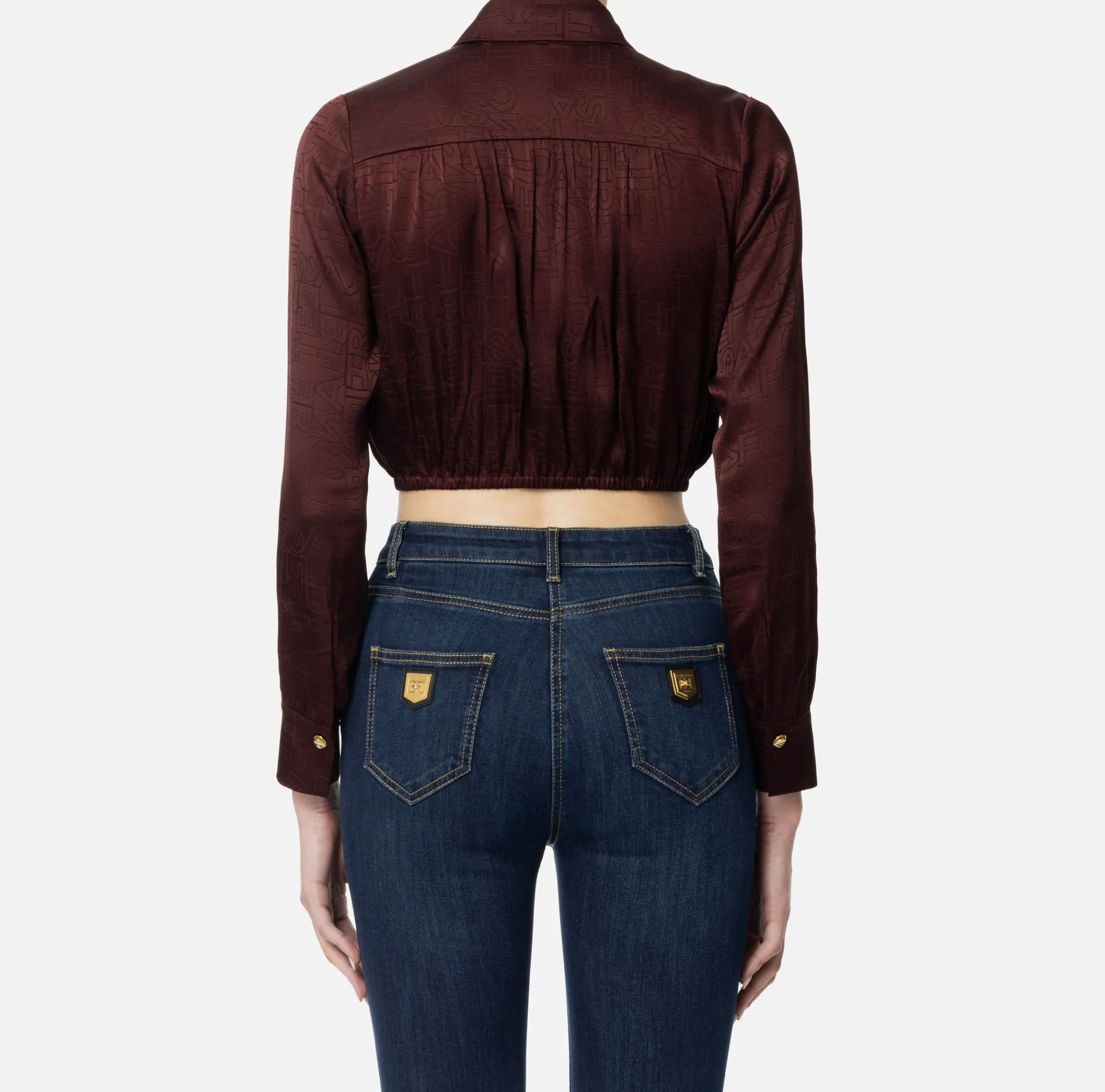 Elisabetta Franchi Shirts And Blouses|Cropped blouse in jacquard satin fabric with foulard scarf RougeNoir