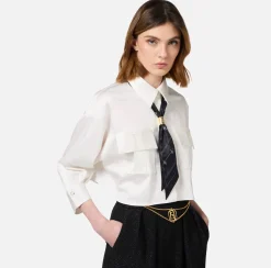 Elisabetta Franchi Shirts And Blouses|Cropped blouse in stretch satin fabric with scarf White