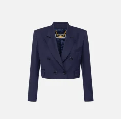 Elisabetta Franchi Jackets And Trench Coats|Cropped double-breasted jacket in cool wool Navy