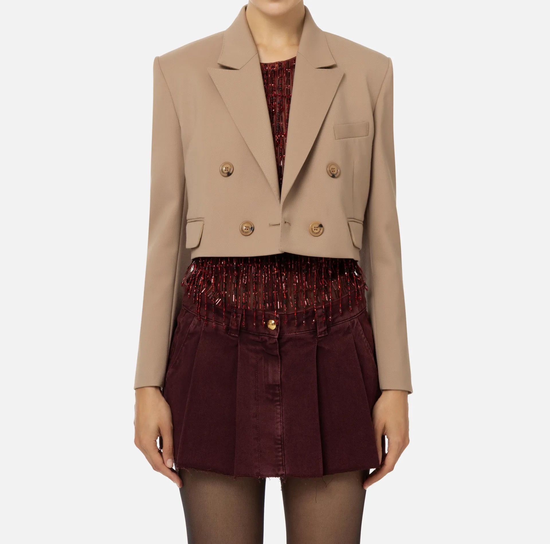 Elisabetta Franchi Jackets And Trench Coats|Cropped double-breasted jacket in cool wool Camel