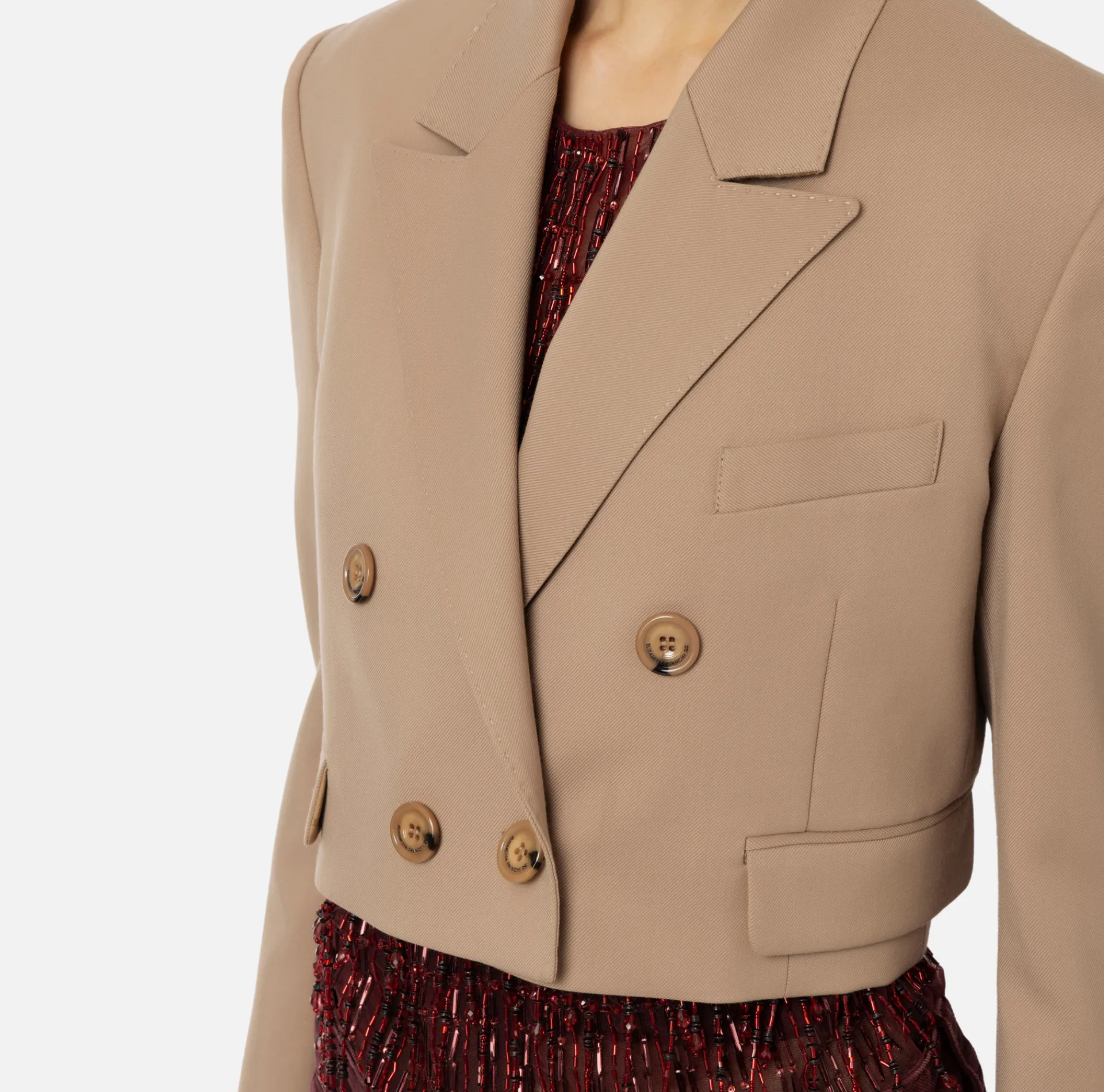 Elisabetta Franchi Jackets And Trench Coats|Cropped double-breasted jacket in cool wool Camel