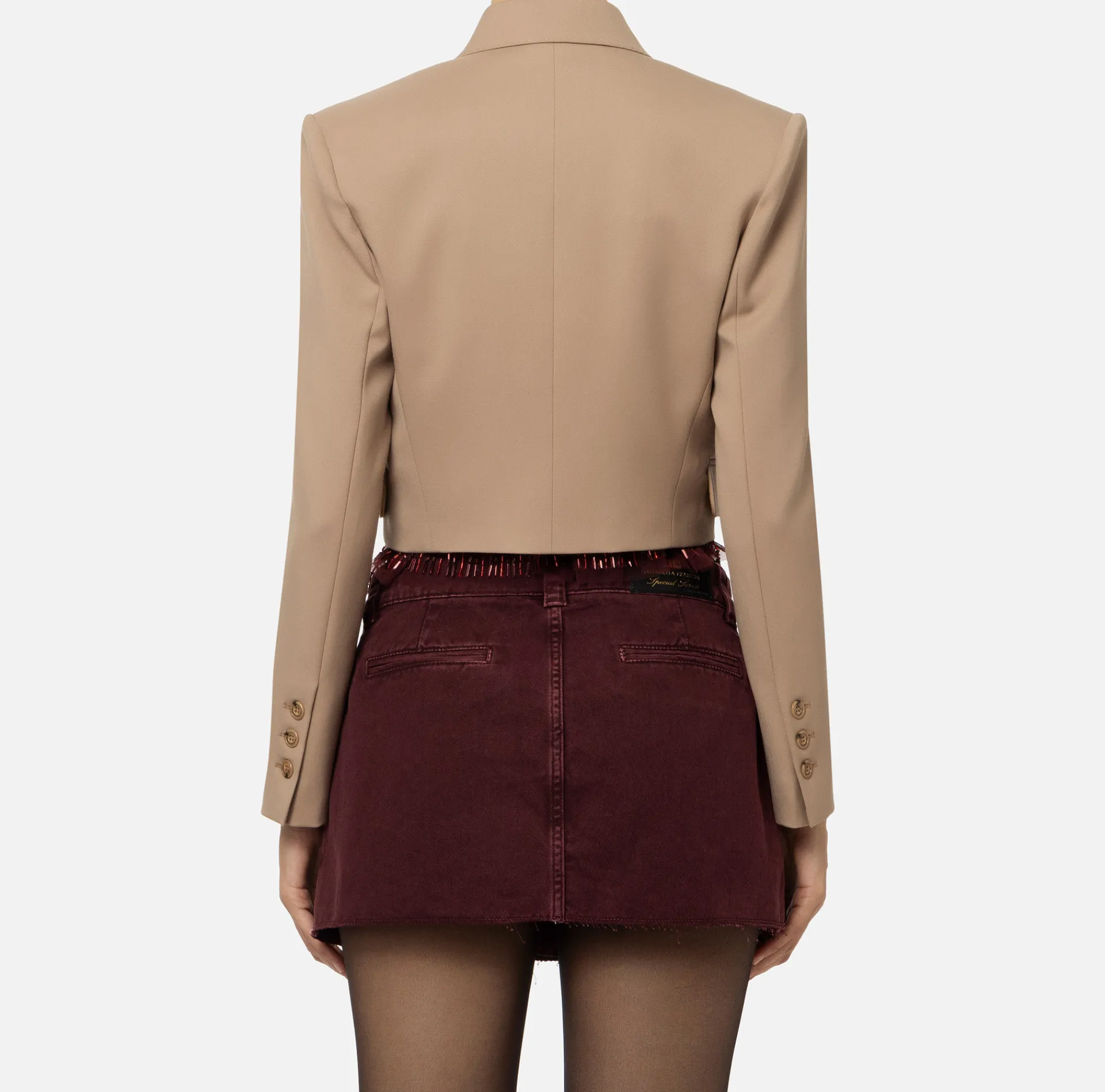 Elisabetta Franchi Jackets And Trench Coats|Cropped double-breasted jacket in cool wool Camel