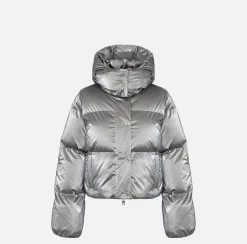 Elisabetta Franchi Coats And Jackets|Cropped down jacket in metallic effect nylon Steel