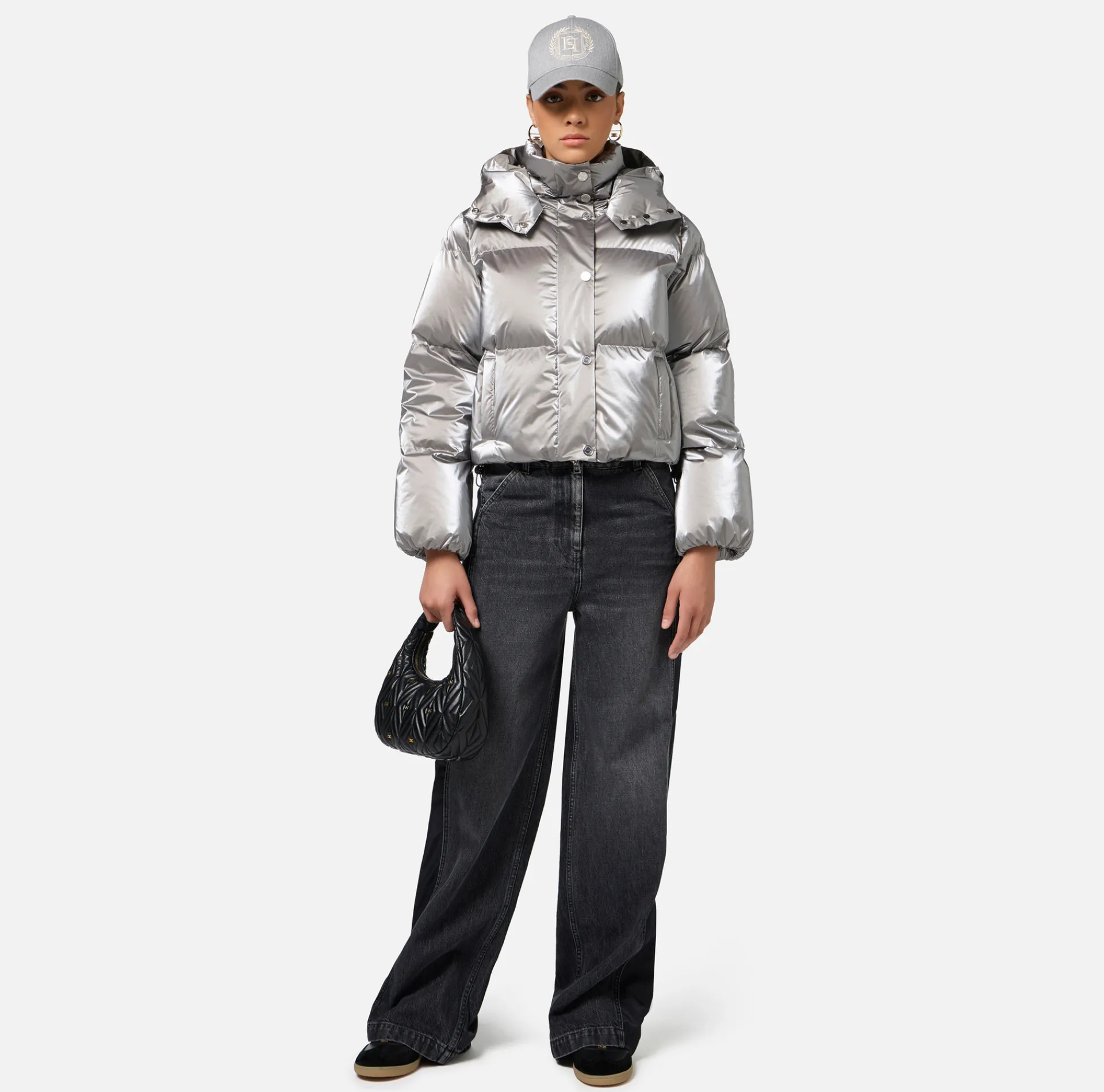 Elisabetta Franchi Coats And Jackets|Cropped down jacket in metallic effect nylon Steel