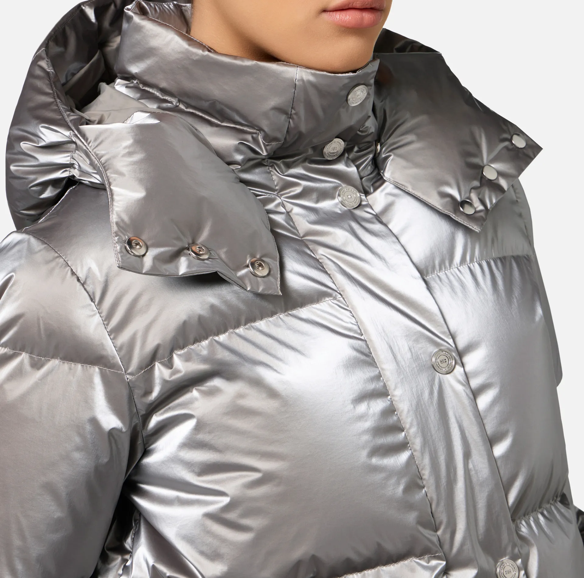 Elisabetta Franchi Coats And Jackets|Cropped down jacket in metallic effect nylon Steel