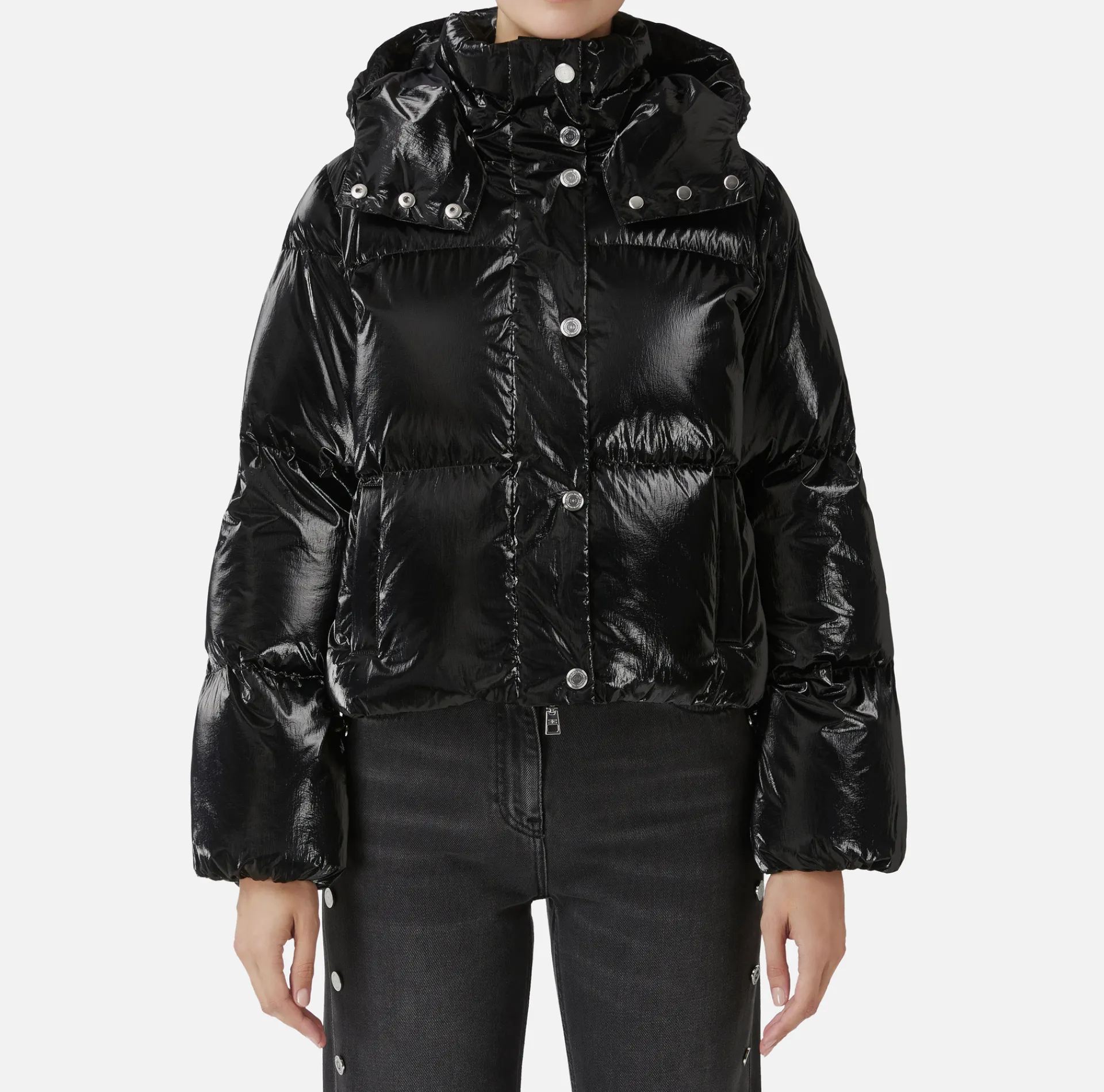 Elisabetta Franchi Coats And Jackets|Cropped down jacket in metallic effect nylon Black