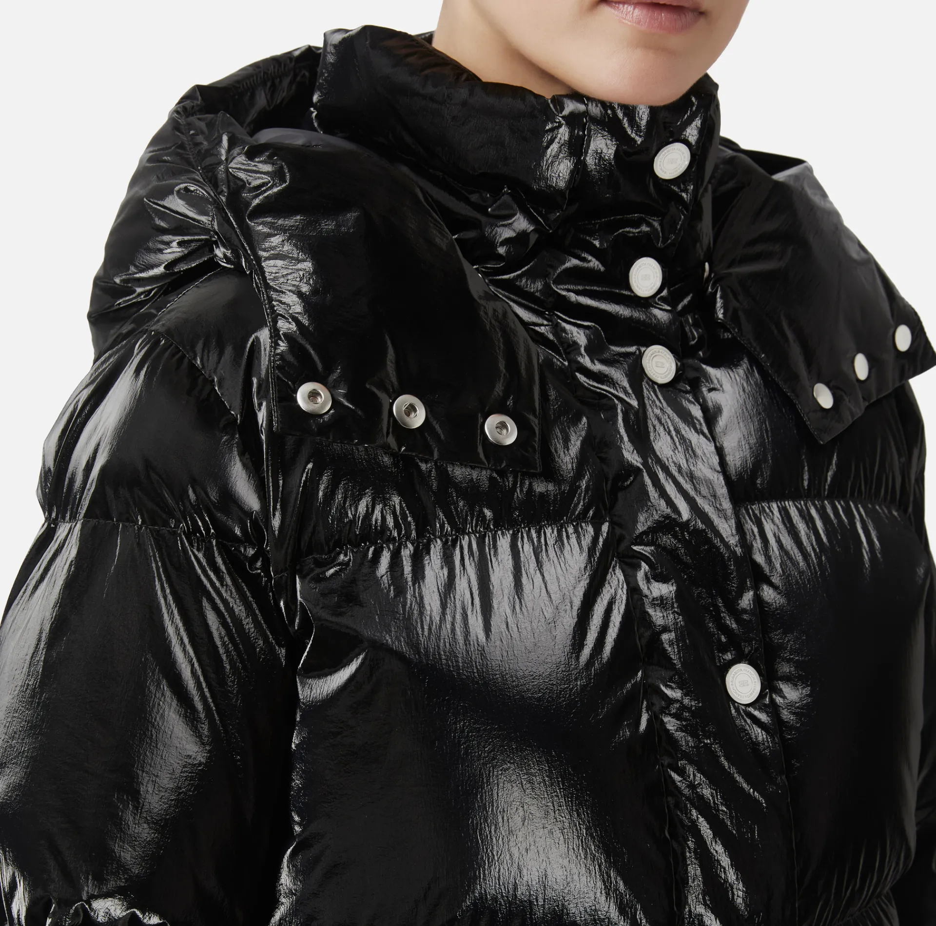 Elisabetta Franchi Coats And Jackets|Cropped down jacket in metallic effect nylon Black