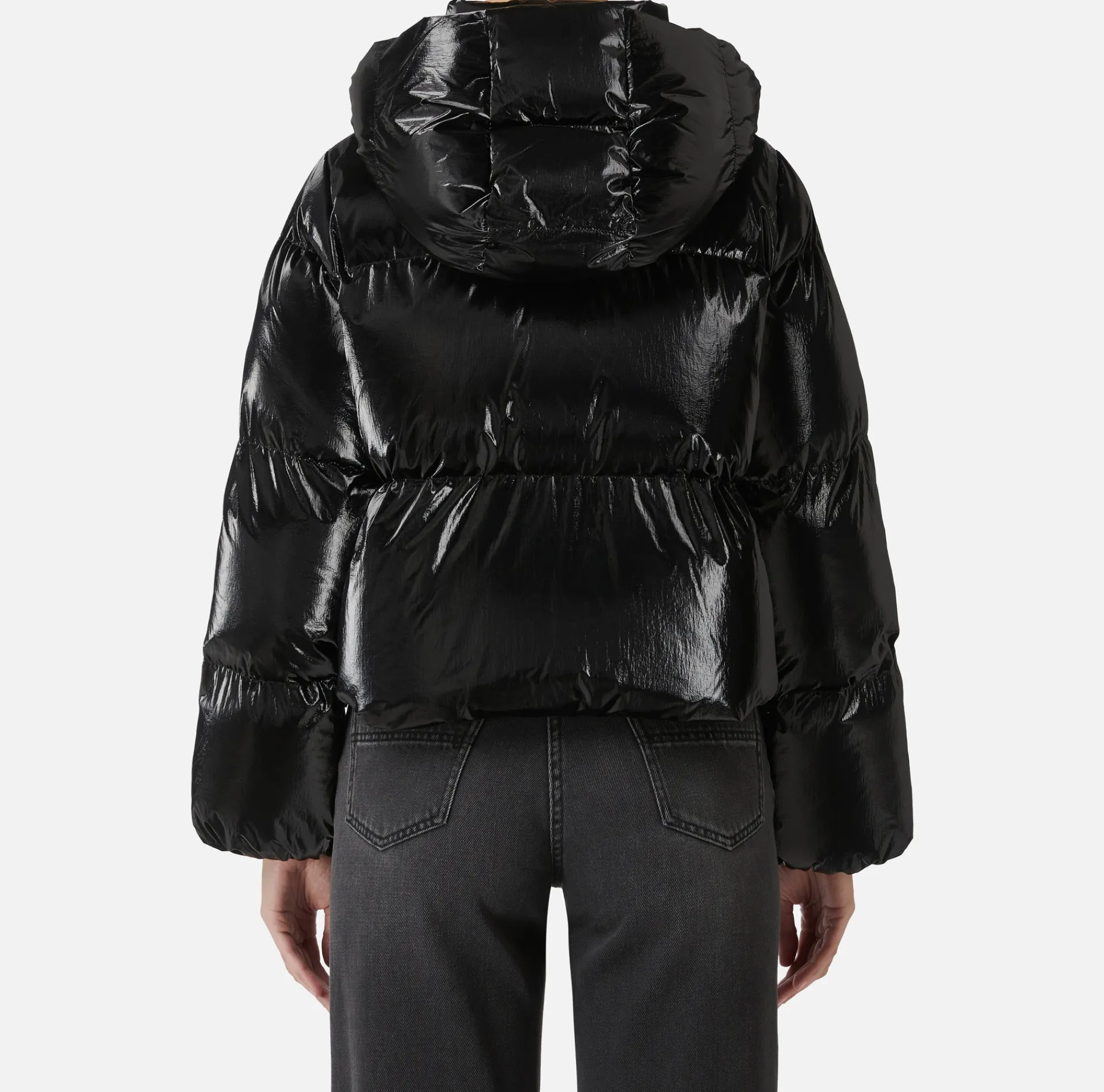 Elisabetta Franchi Coats And Jackets|Cropped down jacket in metallic effect nylon Black