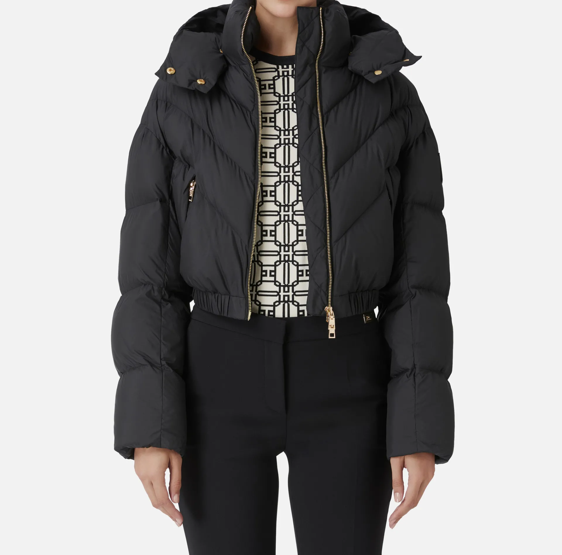 Elisabetta Franchi Coats And Jackets|Cropped down jacket in shiny nylon Black