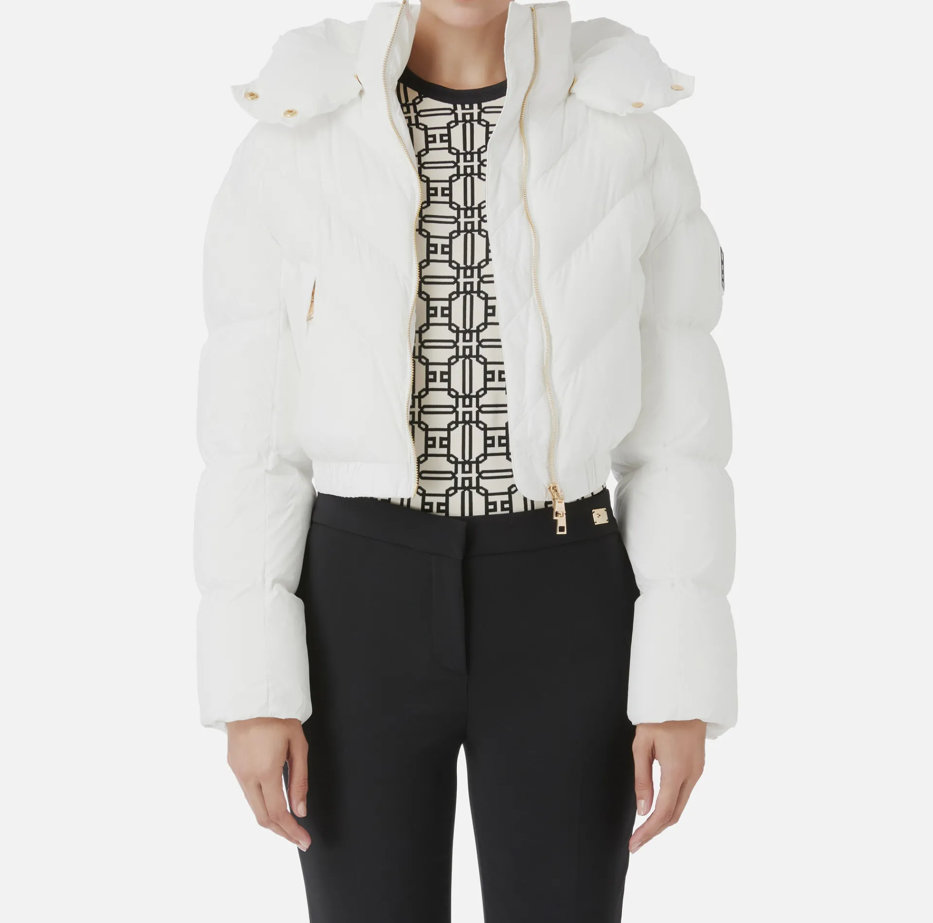 Elisabetta Franchi Coats And Jackets|Cropped down jacket in shiny nylon Ivory