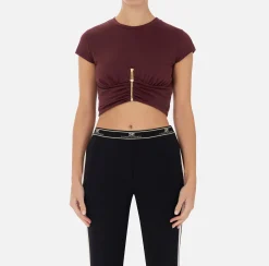 Elisabetta Franchi Top And T-Shirts|Cropped jersey T-shirt with zip RougeNoir