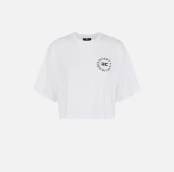 Elisabetta Franchi Top And T-Shirts|Cropped jersey T-shirt with logo Chalk