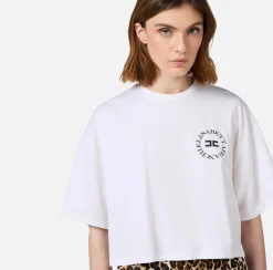 Elisabetta Franchi Top And T-Shirts|Cropped jersey T-shirt with logo Chalk