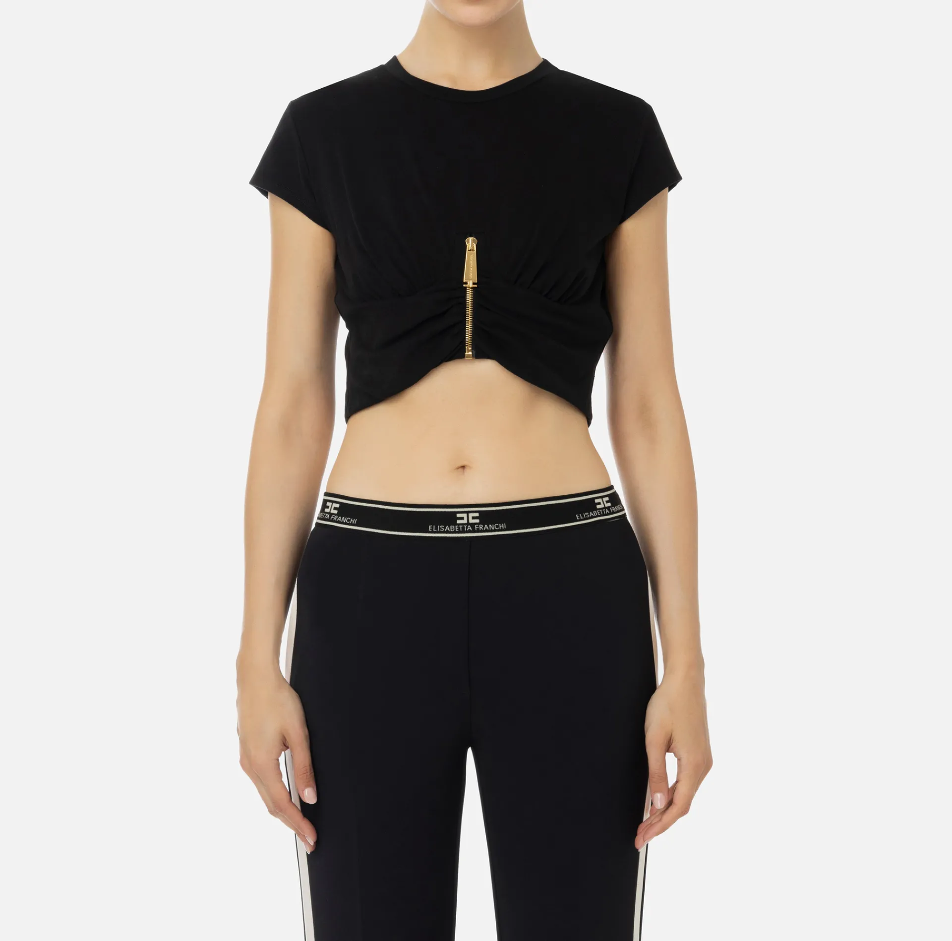 Elisabetta Franchi Top And T-Shirts|Cropped jersey T-shirt with zip Black
