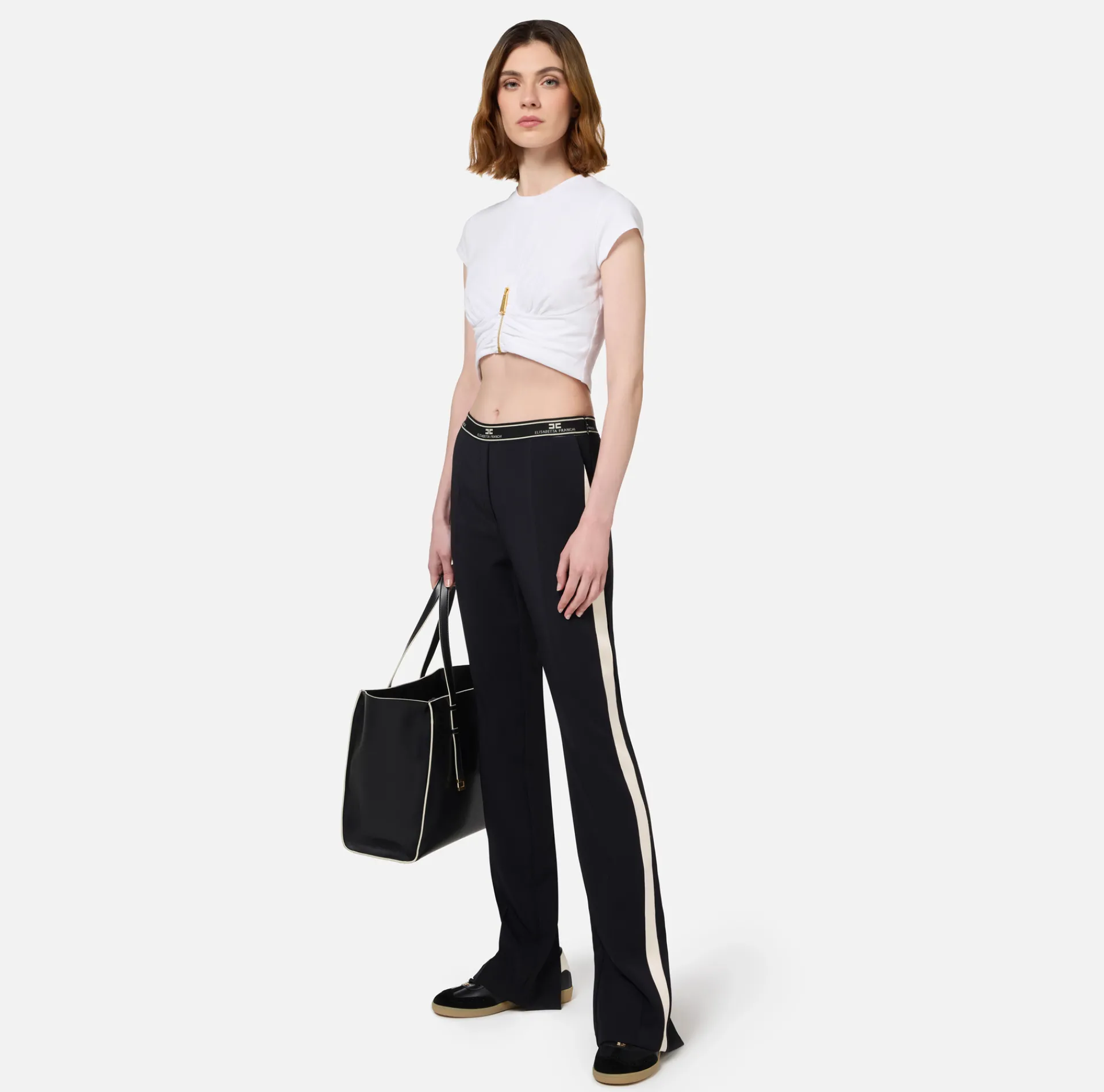 Elisabetta Franchi Top And T-Shirts|Cropped jersey T-shirt with zip Chalk