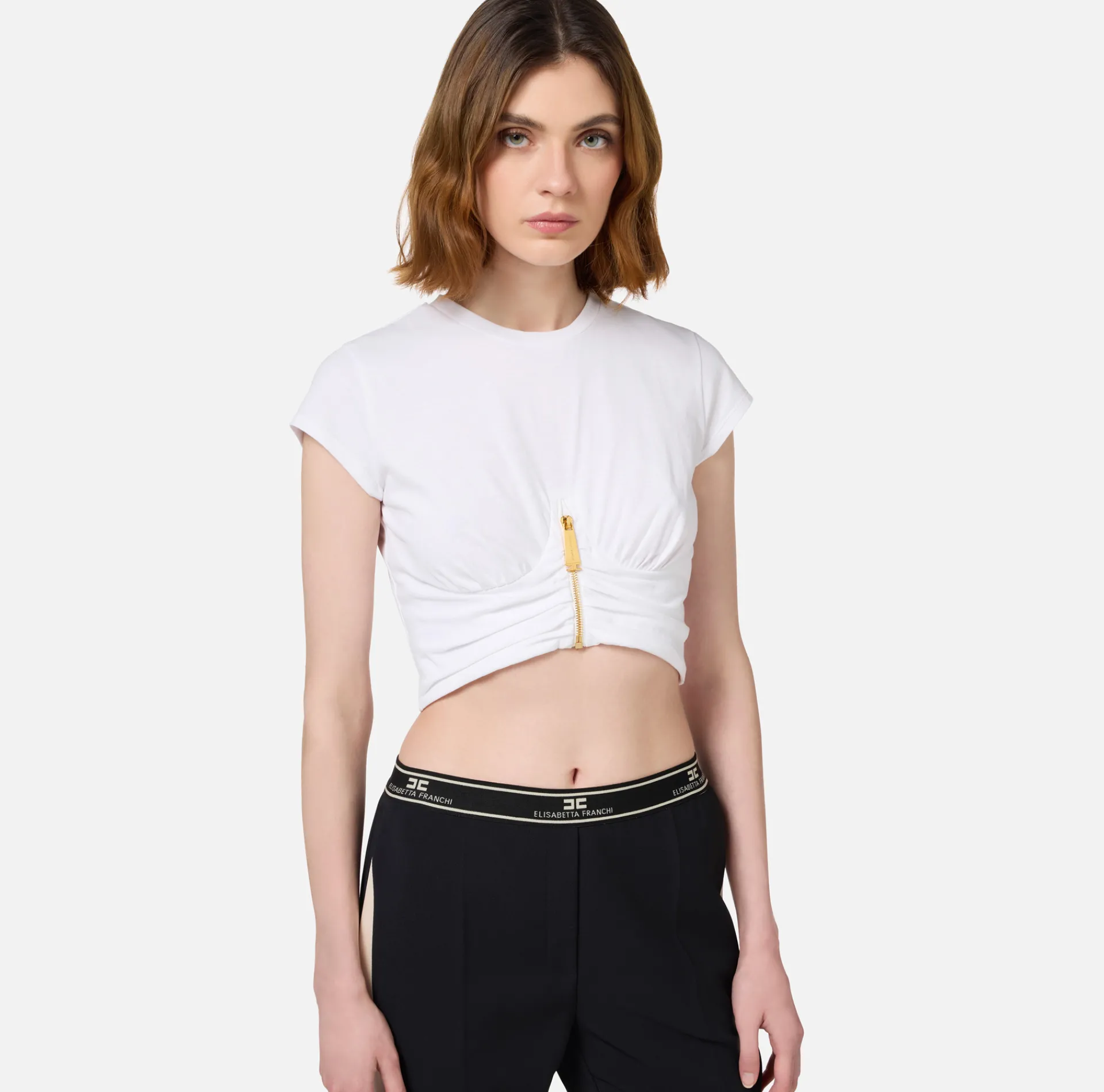 Elisabetta Franchi Top And T-Shirts|Cropped jersey T-shirt with zip Chalk