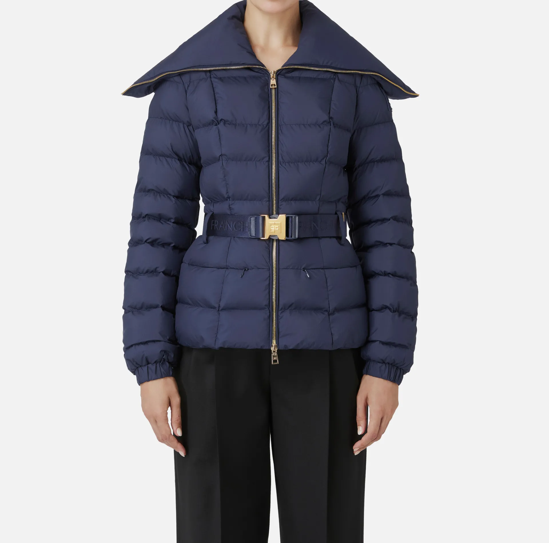 Elisabetta Franchi Coats And Jackets|Cropped nylon down jacket with wide collar Navy