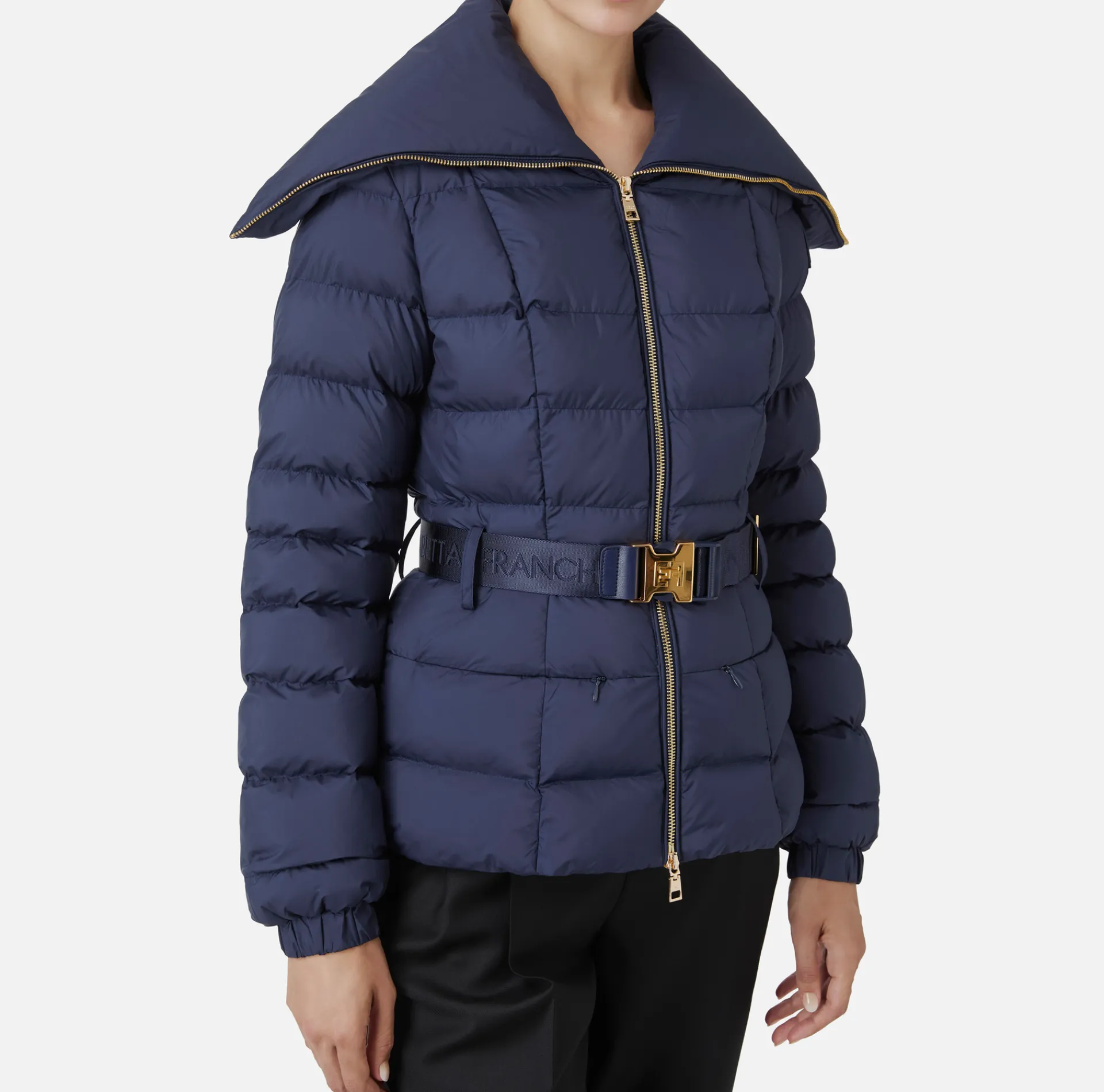 Elisabetta Franchi Coats And Jackets|Cropped nylon down jacket with wide collar Navy