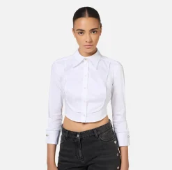 Elisabetta Franchi Shirts And Blouses|Cropped poplin shirt with bib and logoed elastic band White