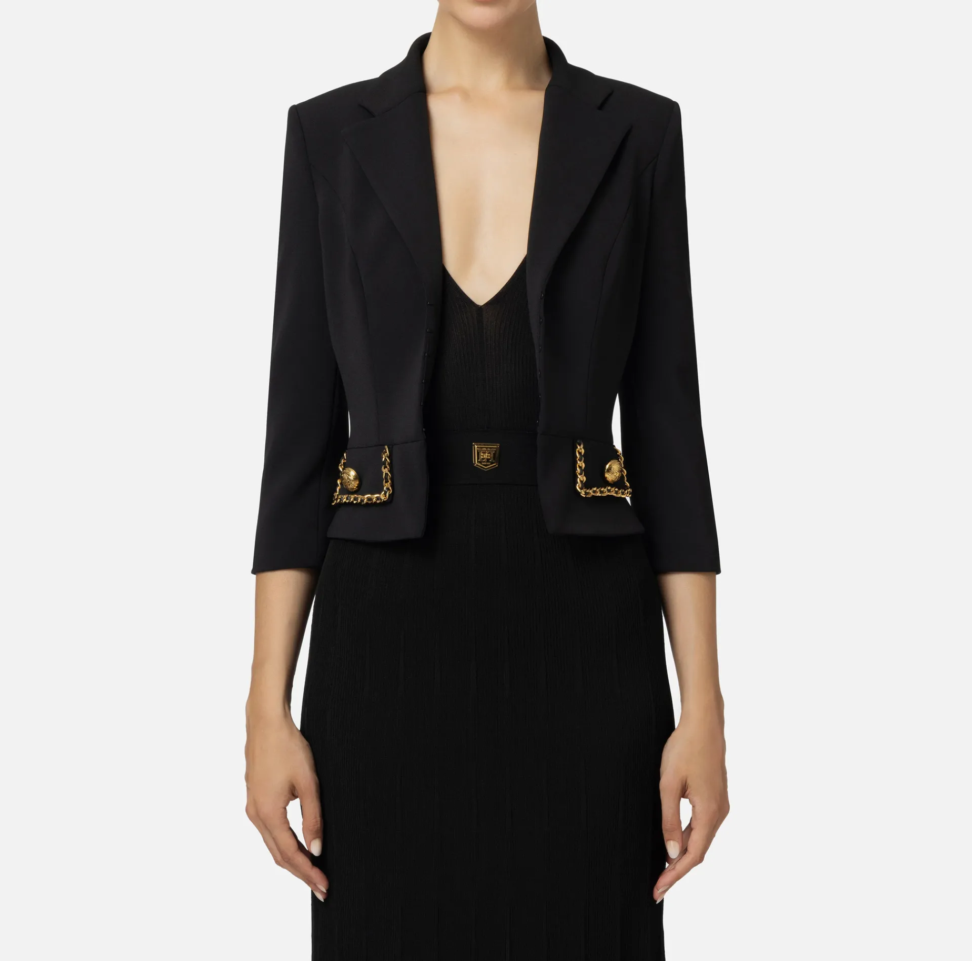 Elisabetta Franchi Jackets And Trench Coats|Tailleur|Cropped stretch crêpe jacket with chain Black