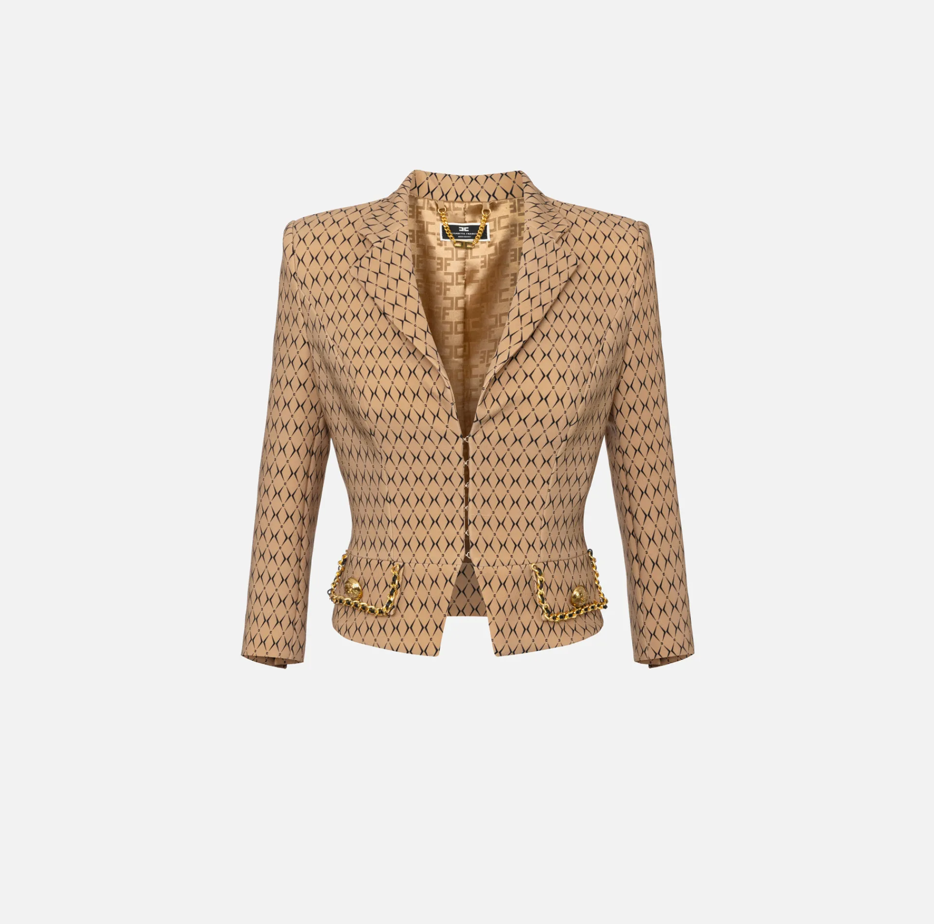 Elisabetta Franchi Jackets And Trench Coats|Tailleur|Cropped stretch crêpe jacket with diamond print and chain Camel/Black