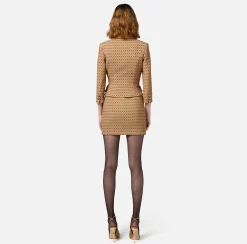 Elisabetta Franchi Jackets And Trench Coats|Tailleur|Cropped stretch crêpe jacket with diamond print and chain Camel/Black