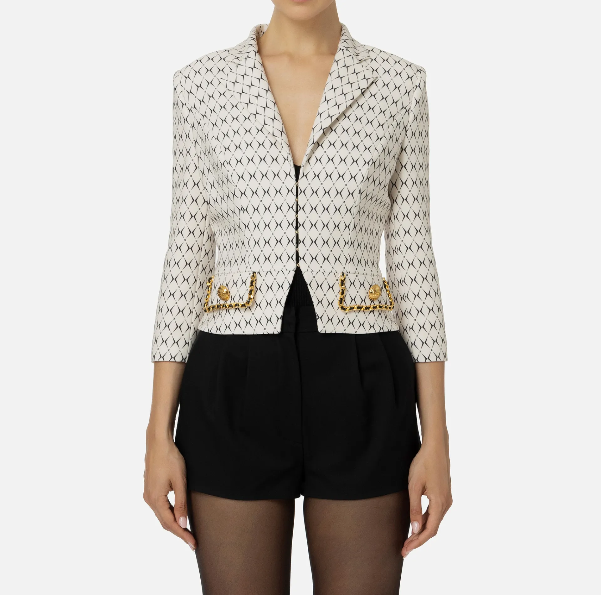 Elisabetta Franchi Jackets And Trench Coats|Tailleur|Cropped stretch crêpe jacket with diamond print and chain Butter/Black