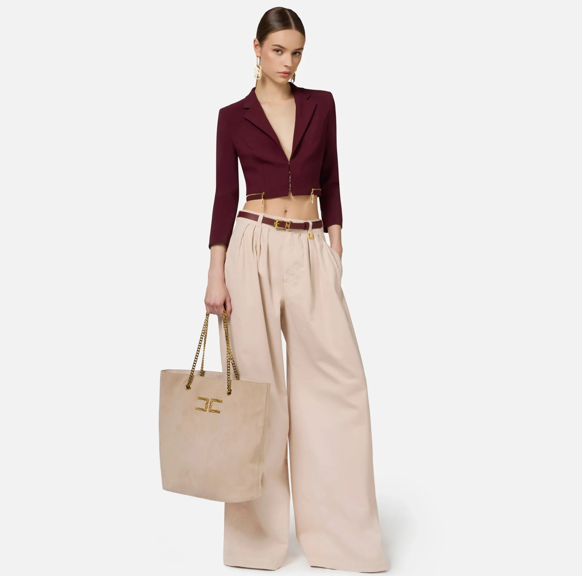 Elisabetta Franchi Jackets And Trench Coats|Cropped stretch crêpe jacket with zip RougeNoir