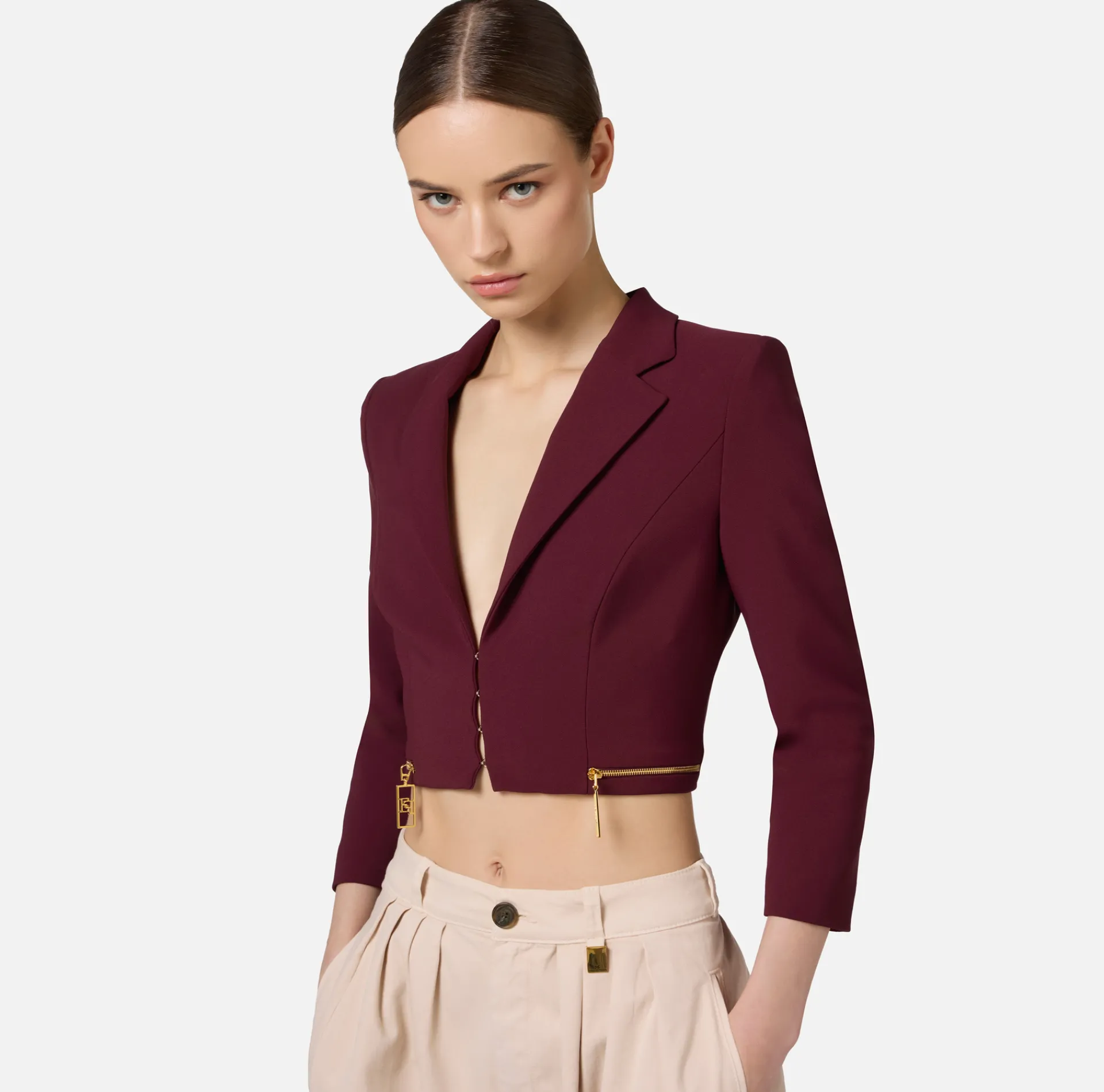 Elisabetta Franchi Jackets And Trench Coats|Cropped stretch crêpe jacket with zip RougeNoir