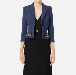 Elisabetta Franchi Jackets And Trench Coats|Tailleur|Cropped stretch crêpe jacket with chain Navy