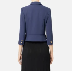 Elisabetta Franchi Jackets And Trench Coats|Tailleur|Cropped stretch crêpe jacket with chain Navy