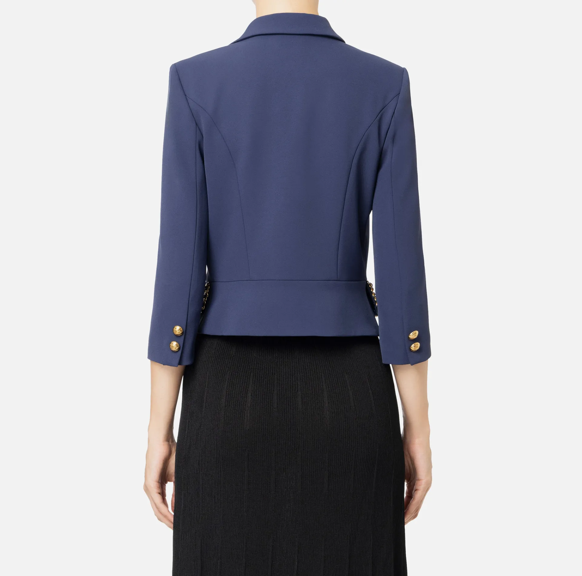 Elisabetta Franchi Jackets And Trench Coats|Tailleur|Cropped stretch crêpe jacket with chain Navy