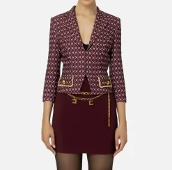 Elisabetta Franchi Jackets And Trench Coats|Tailleur|Cropped stretch crêpe jacket with diamond print and chain RougeNoir/Butter