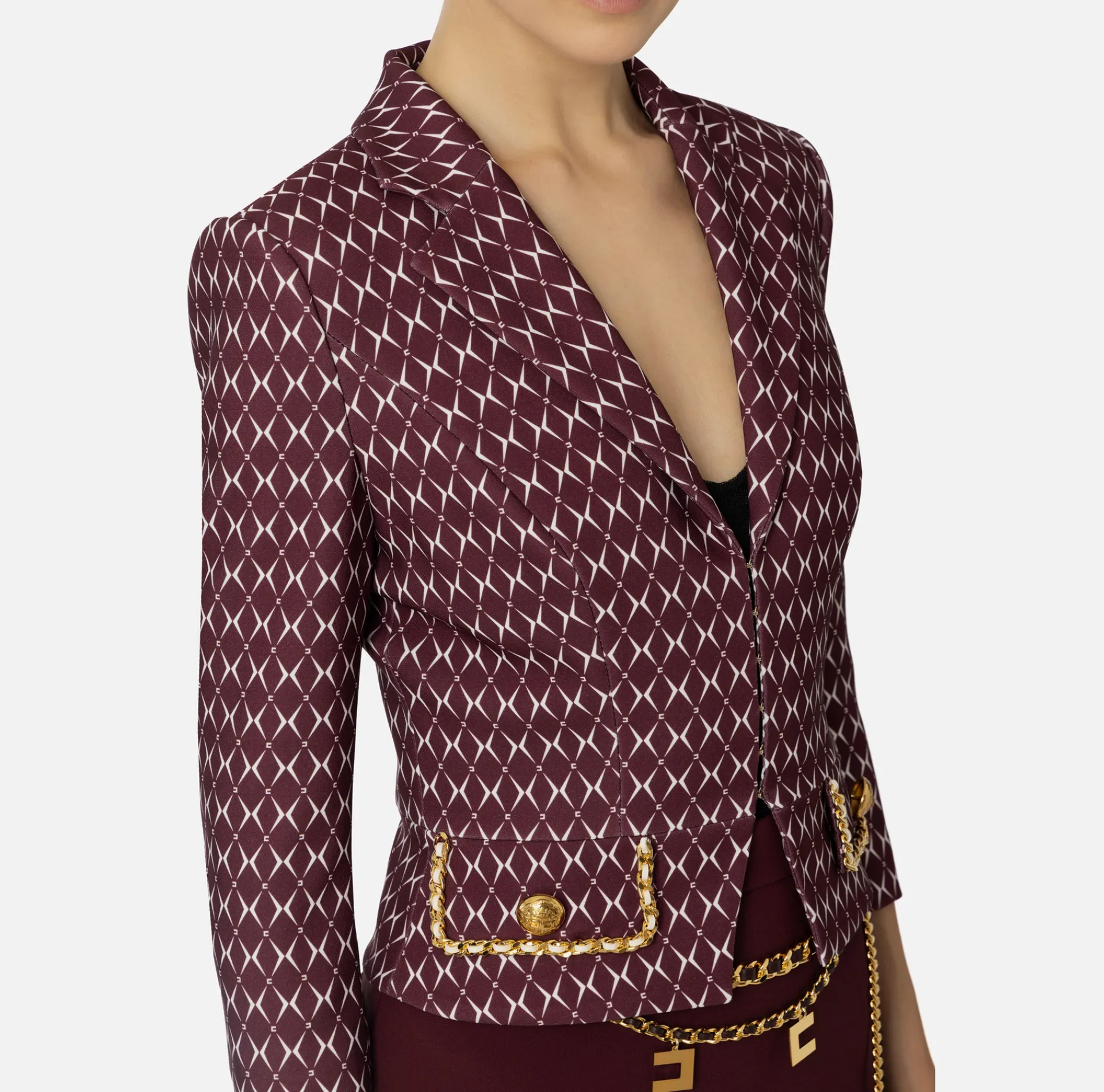 Elisabetta Franchi Jackets And Trench Coats|Tailleur|Cropped stretch crêpe jacket with diamond print and chain RougeNoir/Butter