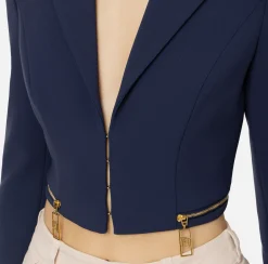 Elisabetta Franchi Jackets And Trench Coats|Cropped stretch crêpe jacket with zip Navy