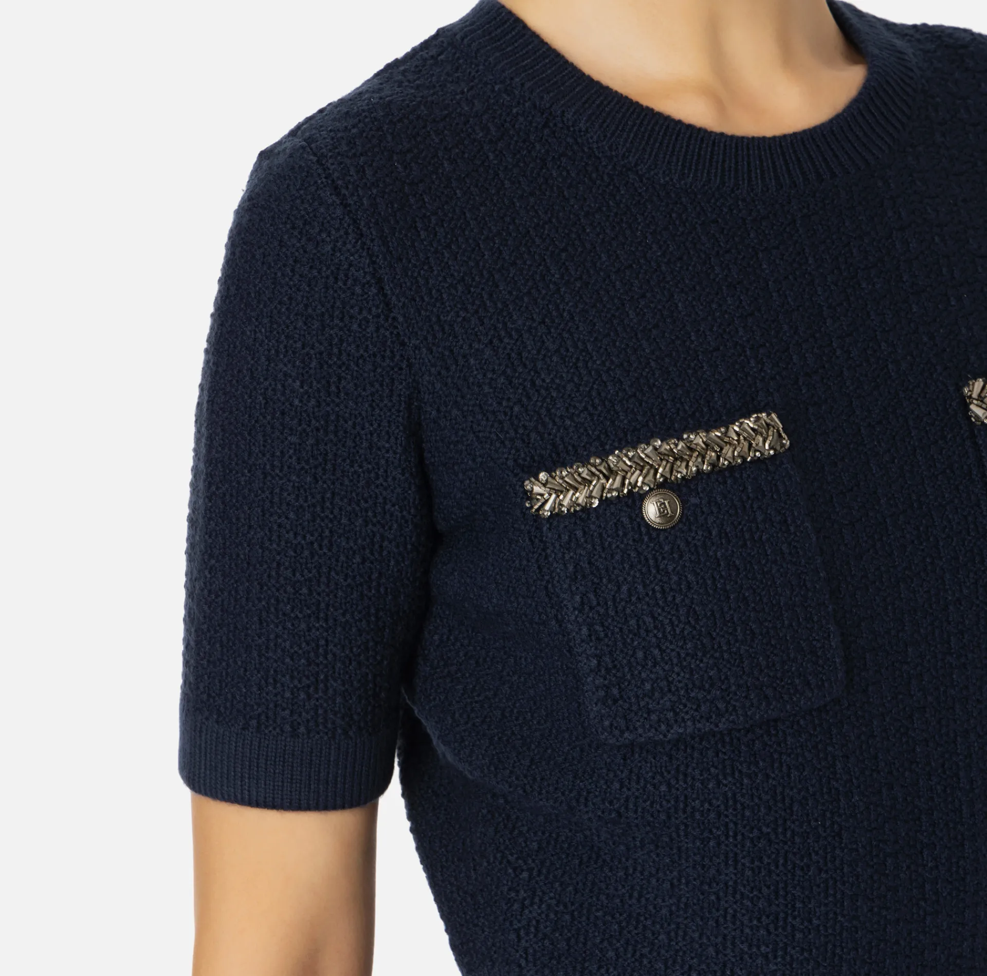 Elisabetta Franchi Knitwear And Sweatshirts|Cropped top in bouclé wool with embroidery Navy