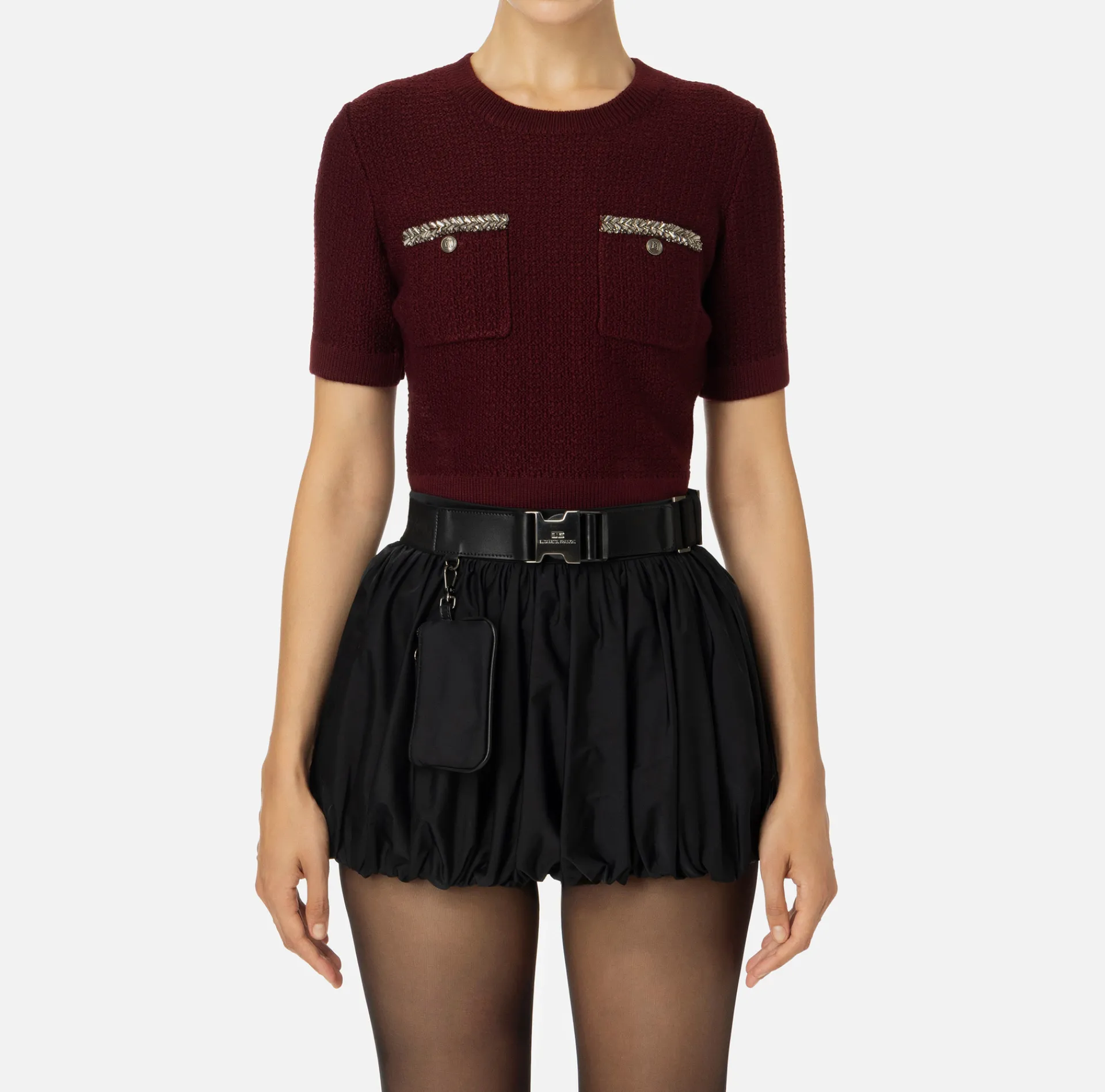 Elisabetta Franchi Knitwear And Sweatshirts|Cropped top in bouclé wool with embroidery RougeNoir