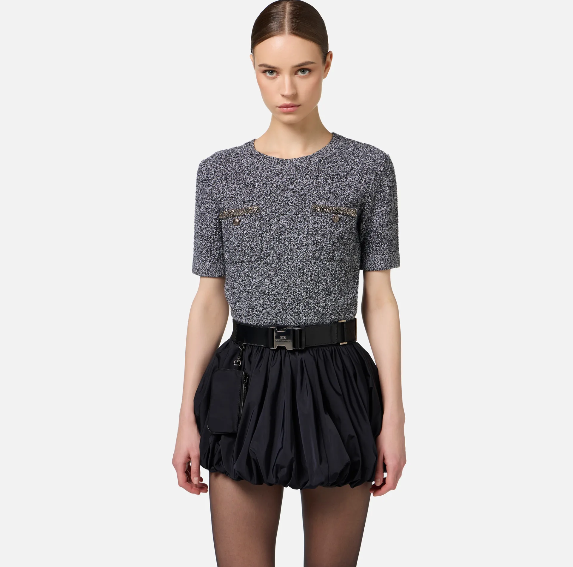 Elisabetta Franchi Knitwear And Sweatshirts|Cropped top in bouclé wool with embroidery