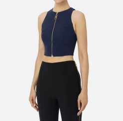 Elisabetta Franchi Top And T-Shirts|Cropped top in double layer crêpe with zip Navy