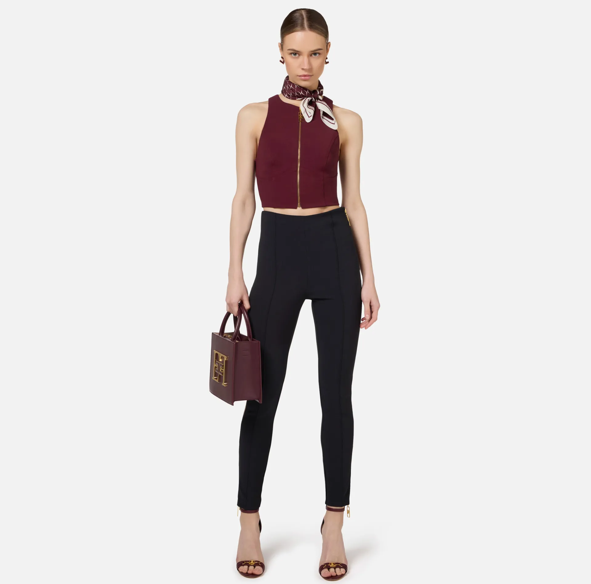 Elisabetta Franchi Top And T-Shirts|Cropped top in double layer crêpe with zip RougeNoir