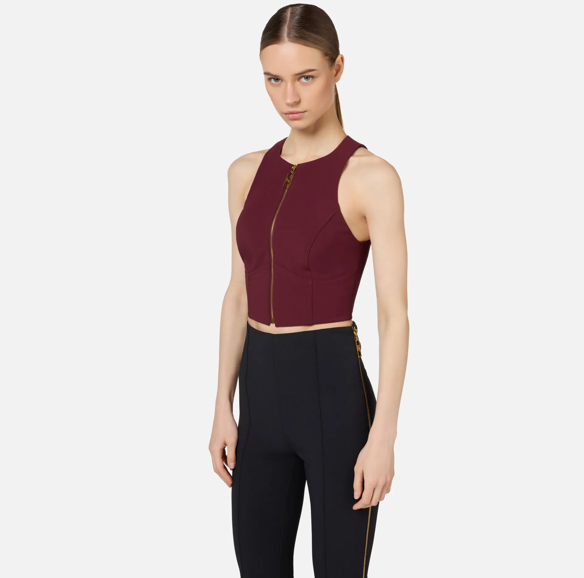 Elisabetta Franchi Top And T-Shirts|Cropped top in double layer crêpe with zip RougeNoir